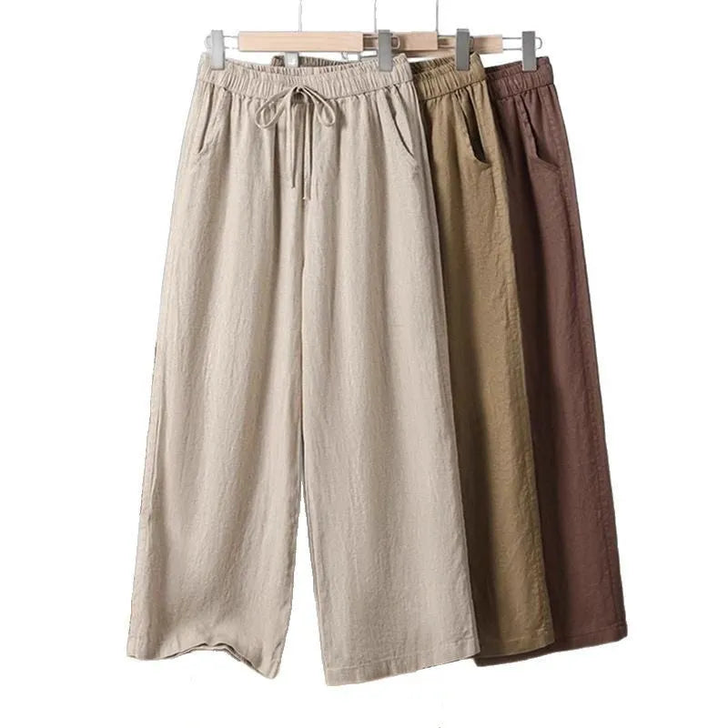 Women's straight-leg casual pants with elastic drawstring waist in four colour options