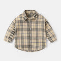 Boys' cotton lattice shirt with animal patterns in khaki, available in Asian sizing for heights 73cm to 110cm