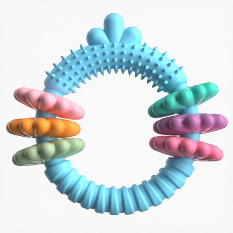 Blue TPR rubber molar stick dog chew toy with squeaker for small dogs on a white background.