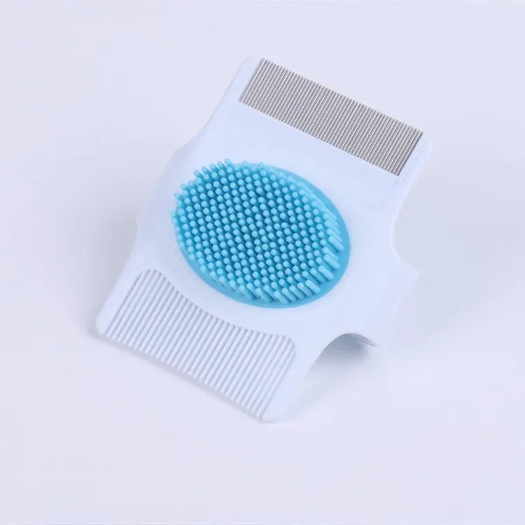 Blue and green multifunctional dog grooming comb with floating hair removal and massage feature