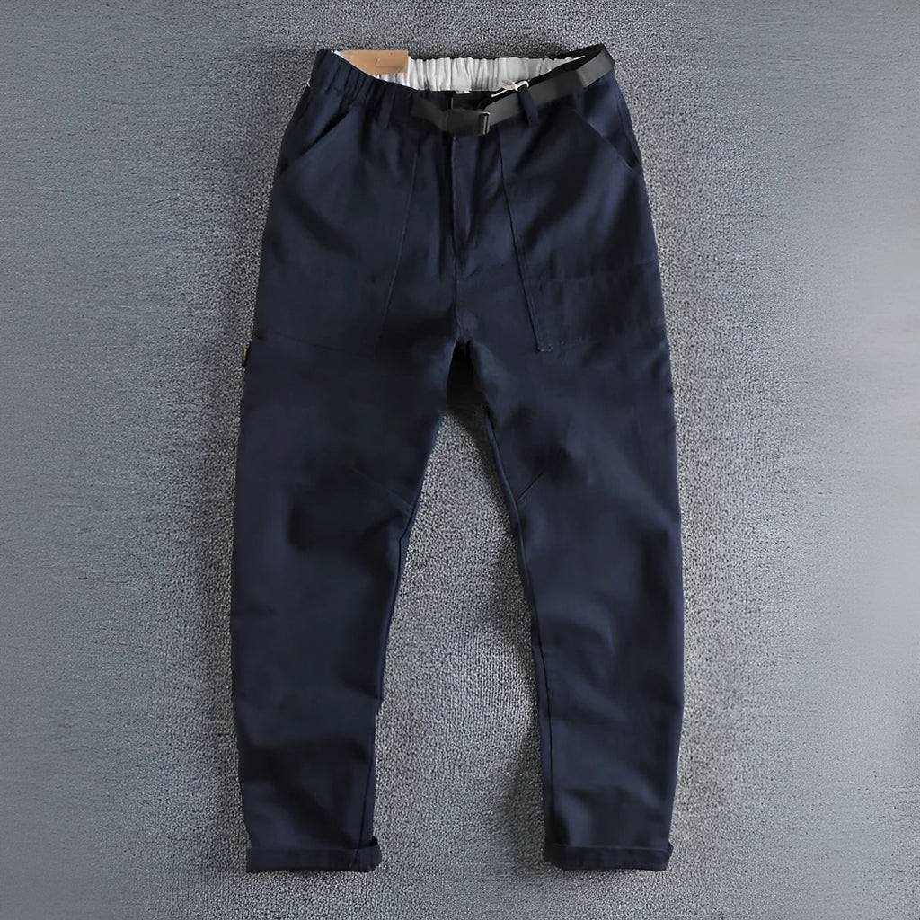 Men's cotton work trousers with buckle belt in khaki colour showing three-dimensional cutting