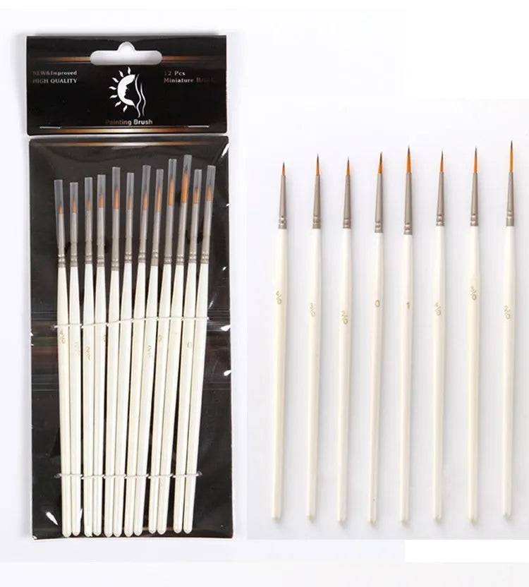 Set of twelve pearl white fluorescent marker pens with nylon wool brush tips and solid wood holders for watercolour art.