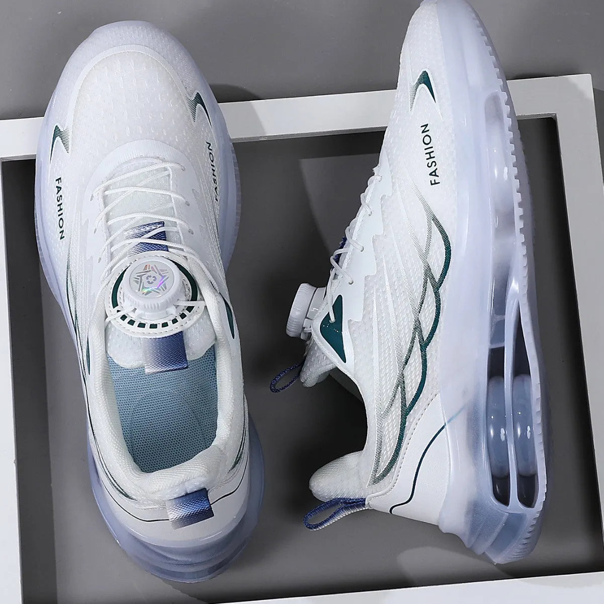 White rotating button casual sports shoes with mesh upper and rubber sole