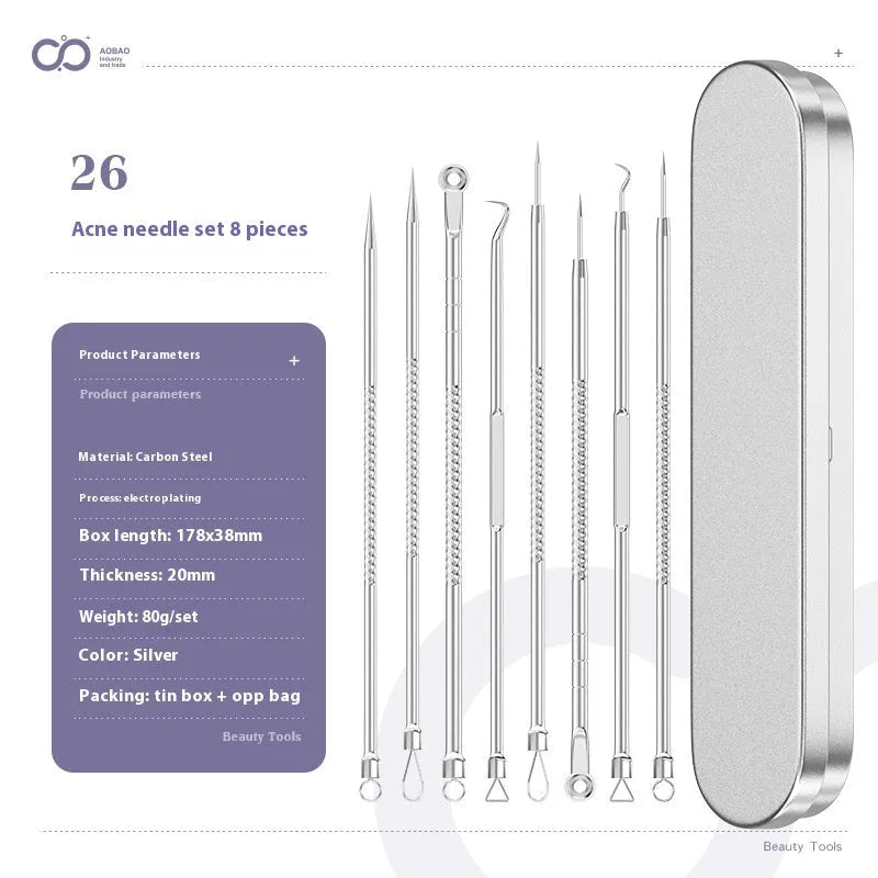 Four metal acne needles with ultra fine pointed tips for blackhead removal and skincare treatment
