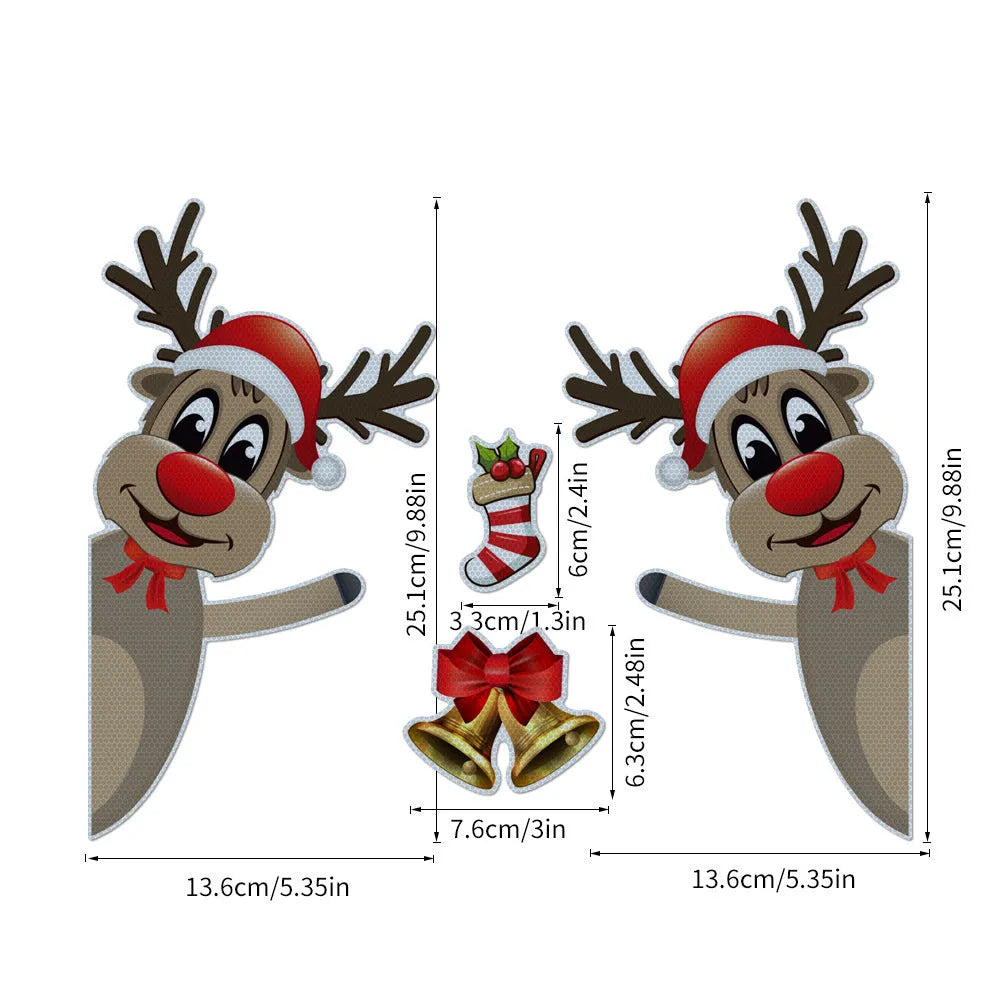 Set of magnetic Christmas elk bell cartoon design bumper stickers with reflective luminous finish.