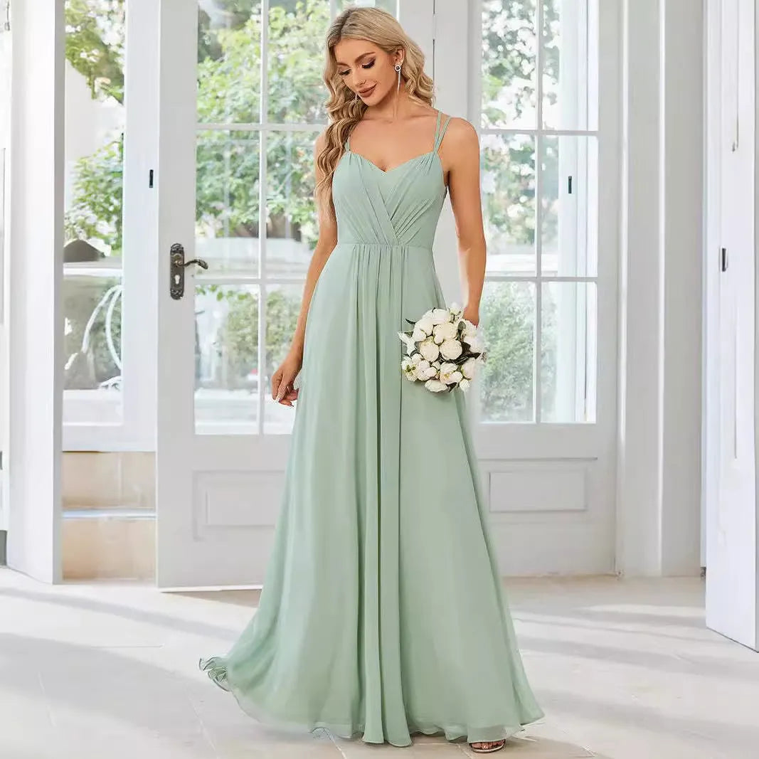 Women's sleeveless long pleating dress in solid color A-line skirt style available in light green navy blue and wine red