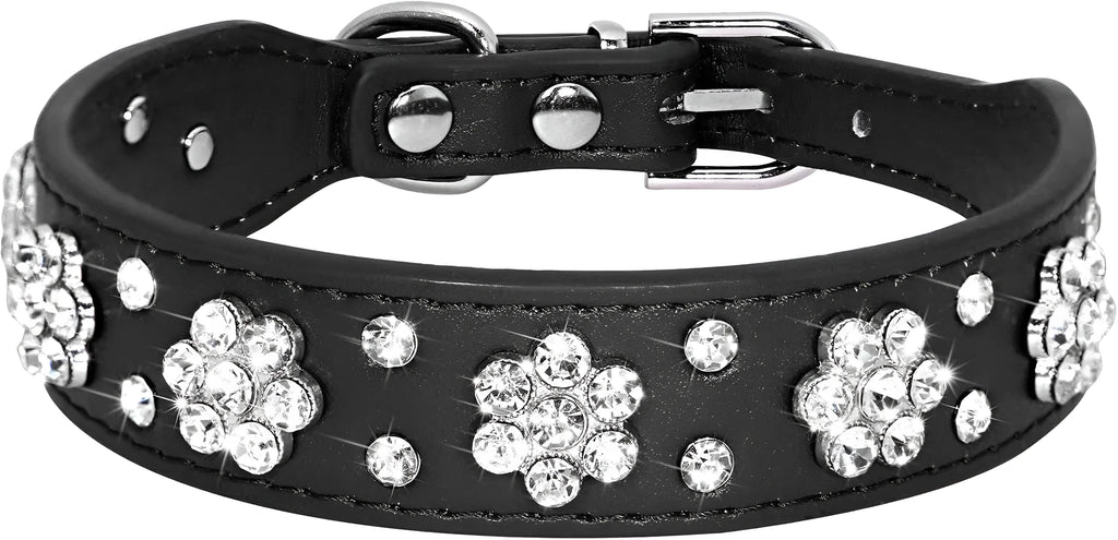 Black PU leather dog collar with silver rhinestone flower pattern and metal D-ring for small dogs.