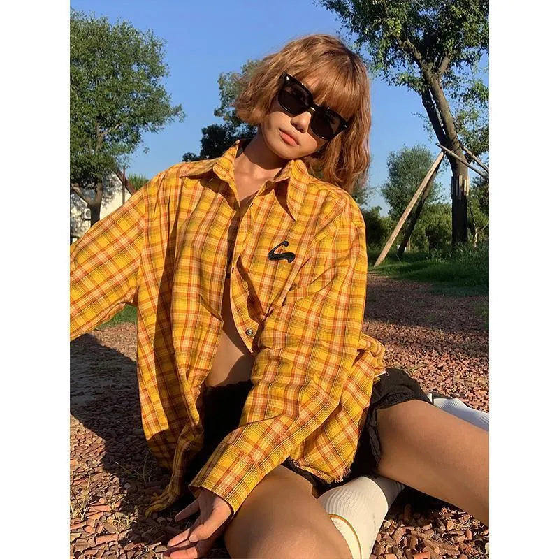 Dopamine yellow plaid shirt loose fit cardigan style chemical fibre blend casual wear