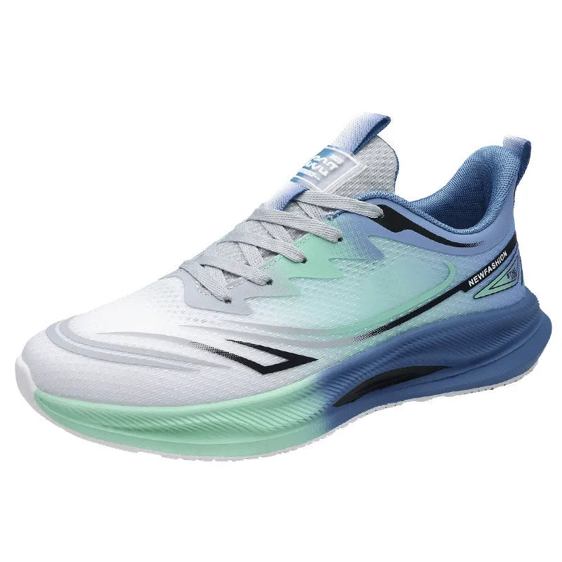 Men's summer casual shoes with fly woven mesh upper and rubber sole in black, black blue, and gray green colours