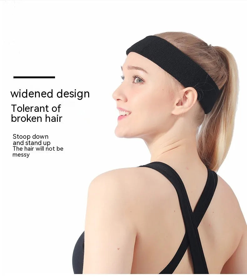 Elastic anti-sweat sports headband in solid colours: black, red, blue, rose red, and sky blue.