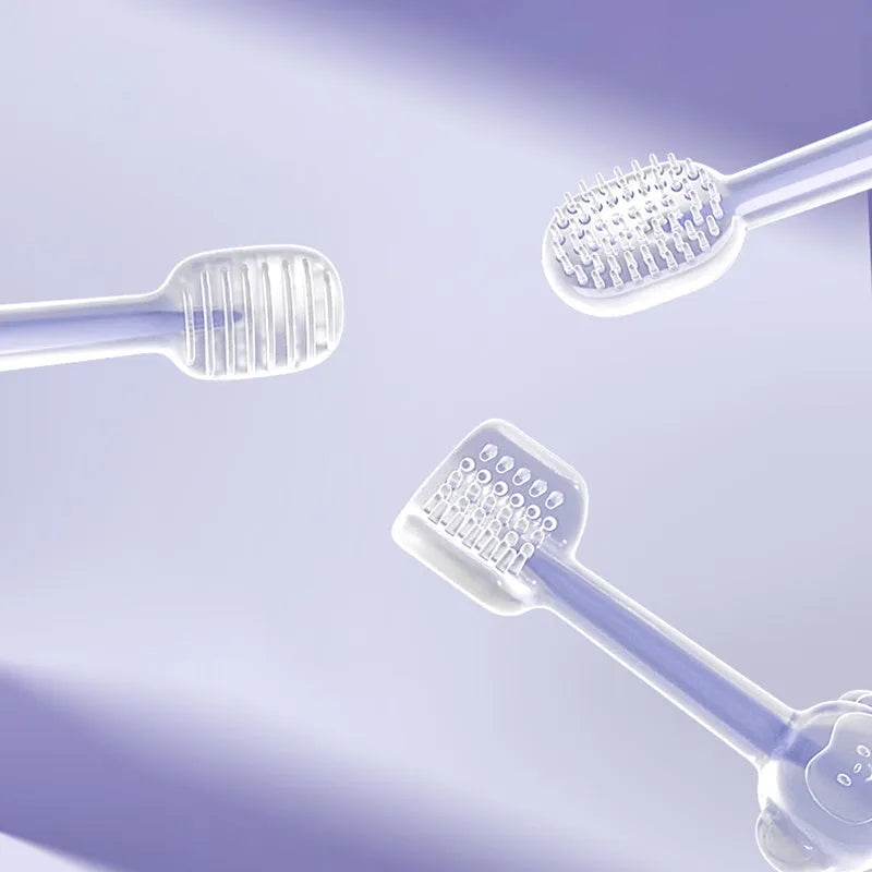 Soft silicone pet toothbrush for dogs and cats in purple, blue, and green colours with curved handle