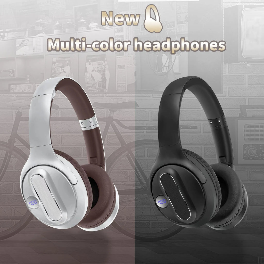 Retro wireless Bluetooth headset with digital power display in black plastic, head-mounted design