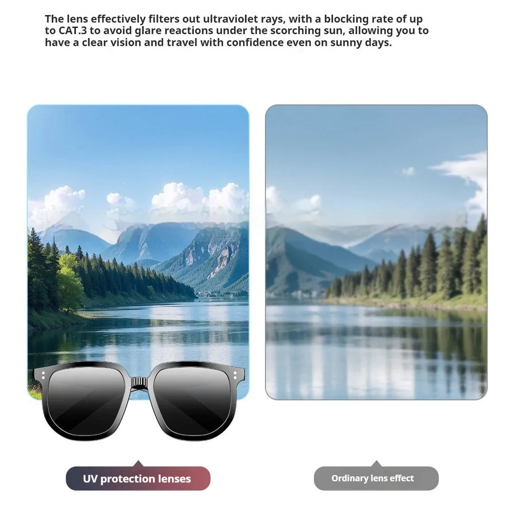 Black AI smart glasses with Bluetooth audio, touch control, and UV-protective sunglass lenses.