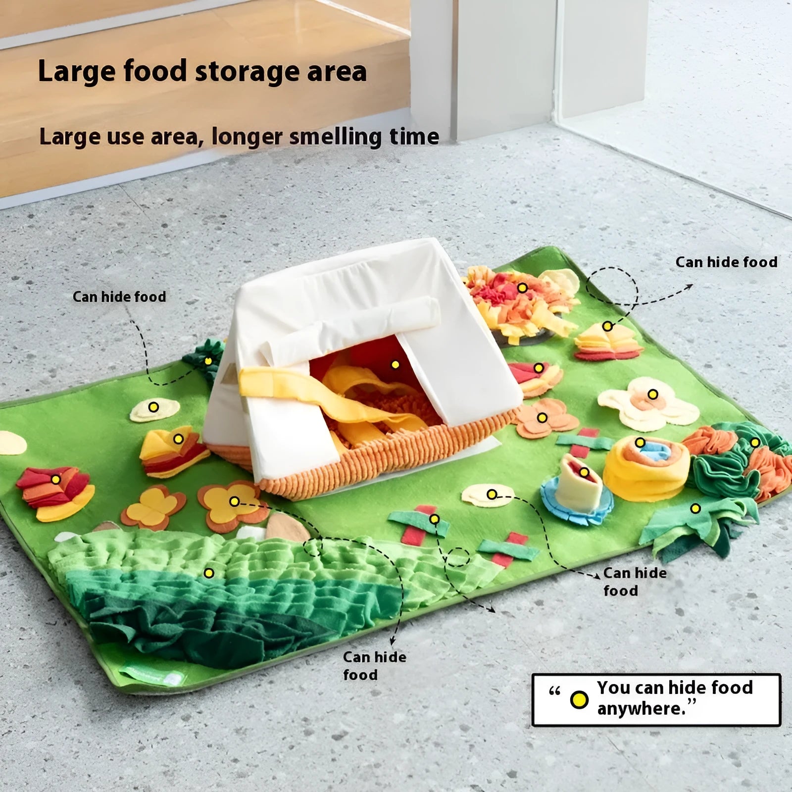 Themed fabric dog sniffing mat for interactive enrichment and food hiding