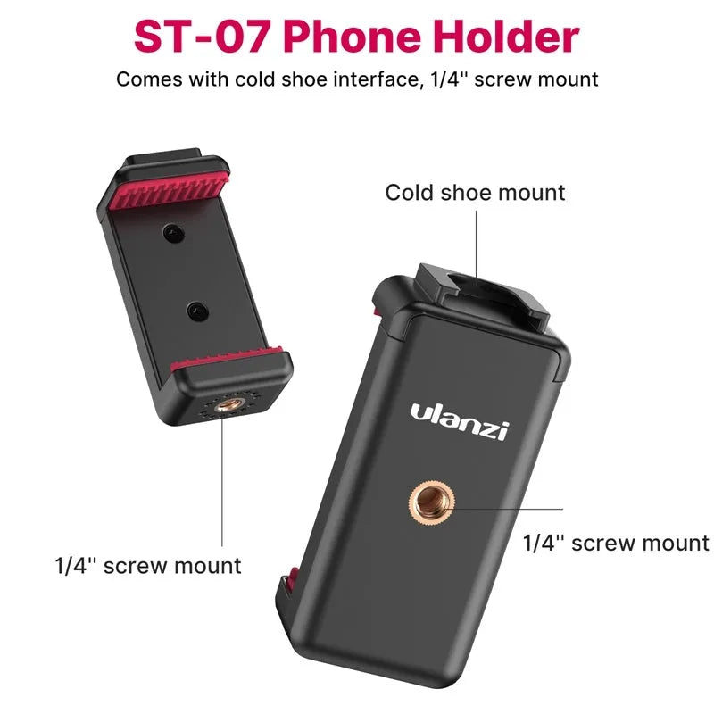 Smartphone mounted on an aluminium tripod with Bluetooth remote and cold shoe adapter for vlogging.