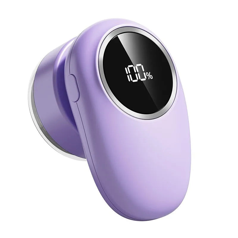 Digital fur ball trimmer with lint roller function in purple colour showing four cutter head configuration