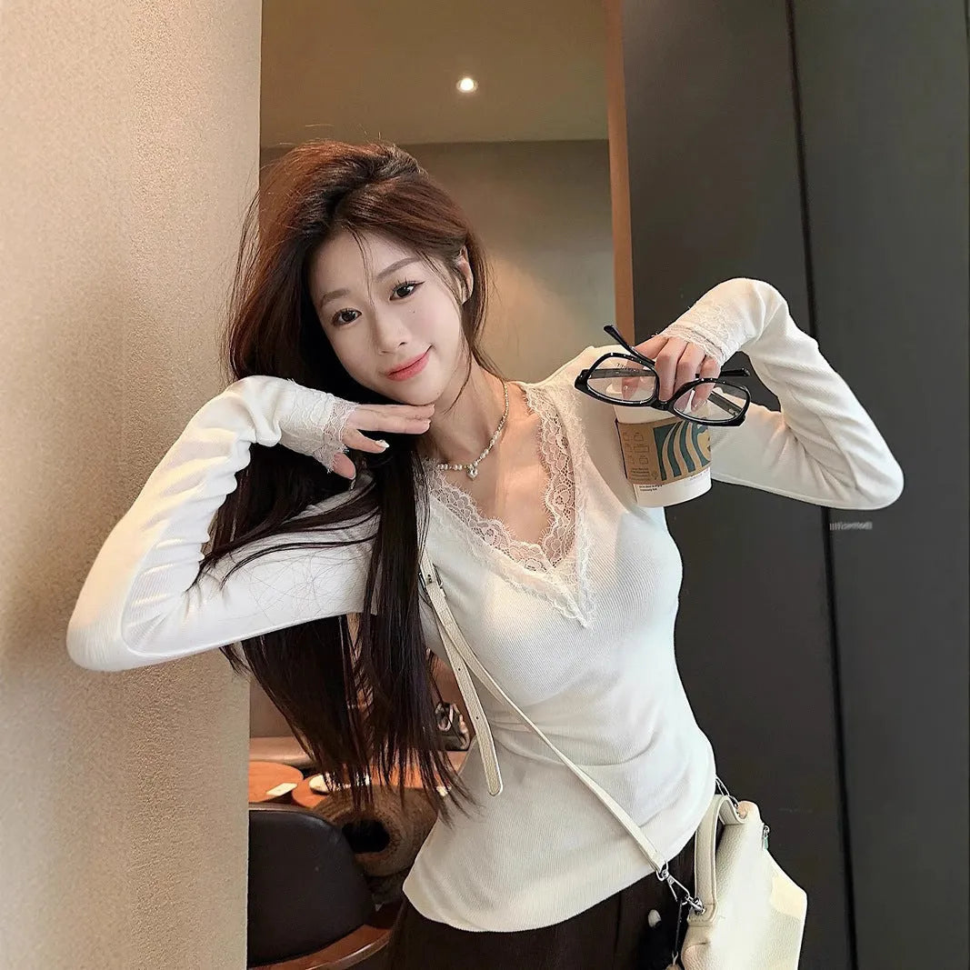 White V-neck Dralon lace stitching brushed long sleeve top for women, slim fit polyester knit