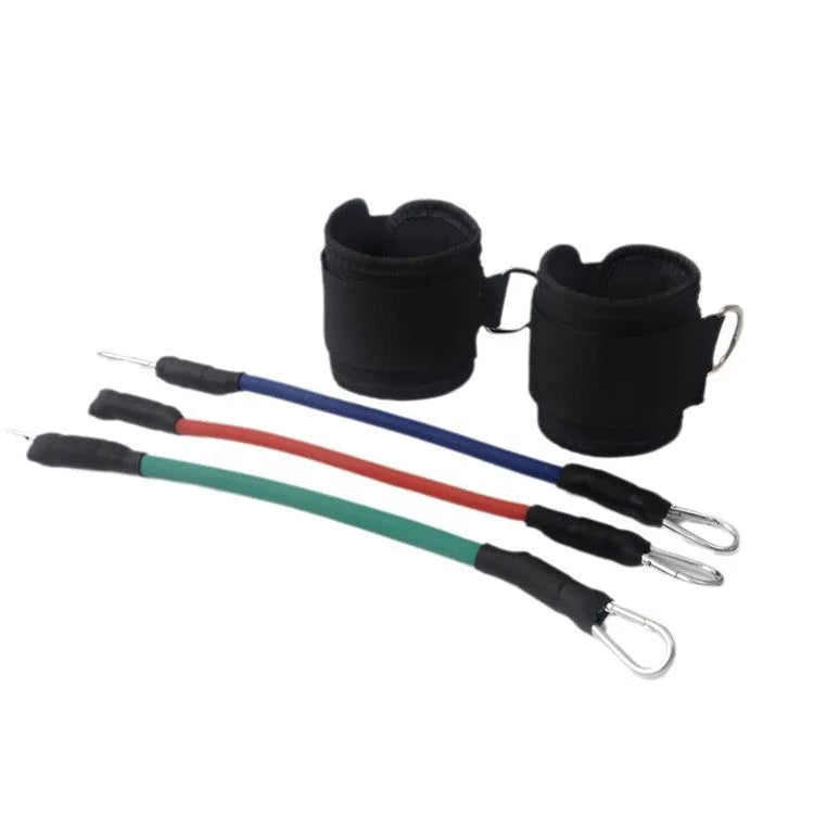 Black taekwondo leg training pull rope set with elastic resistance and PVC handles.