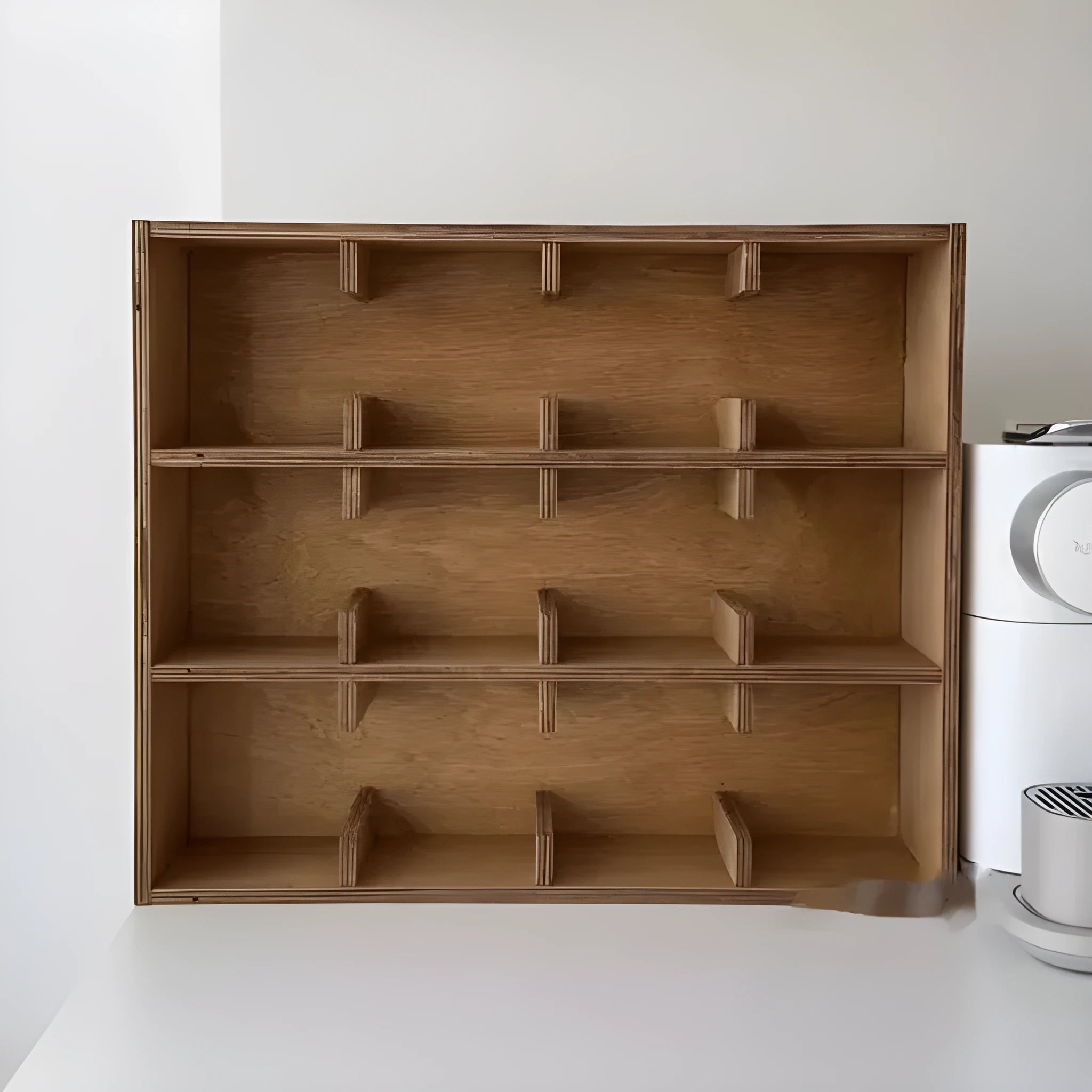 Square birch wood storage rack with multiple grid compartments for cup organisation in meridian colour finish