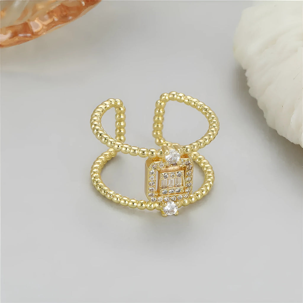 Copper open mouth ring with gold plating, U-shaped asymmetric design, adjustable opening.