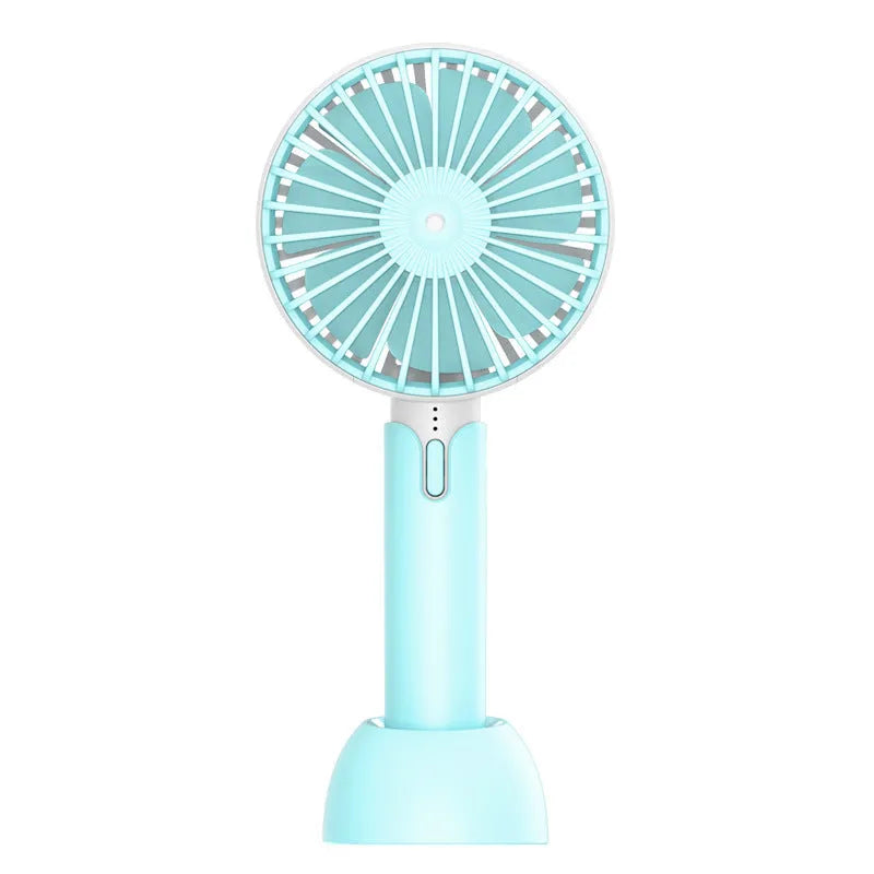 Blue handheld mini silent desktop USB electric fan with oscillating head on a desk