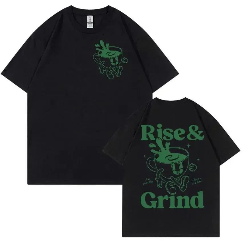 Loose fit men's cartoon t-shirt with Rise And Grind Green Coffee Fun Expression Bag graphic print.