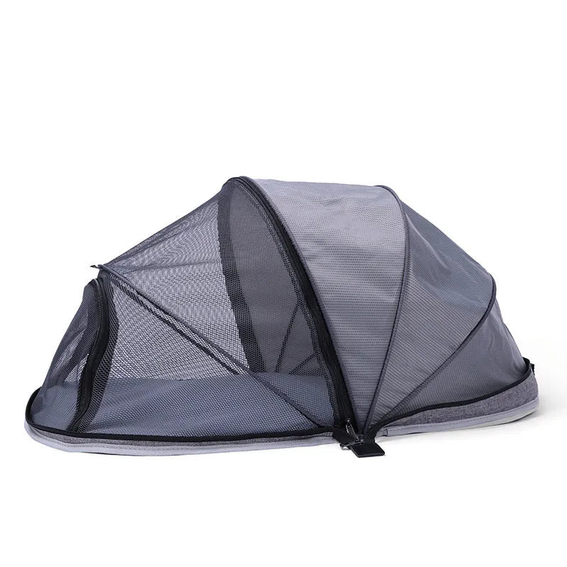 Folding pet tent with half mesh panels shown in blue colour option for cat travel and camping