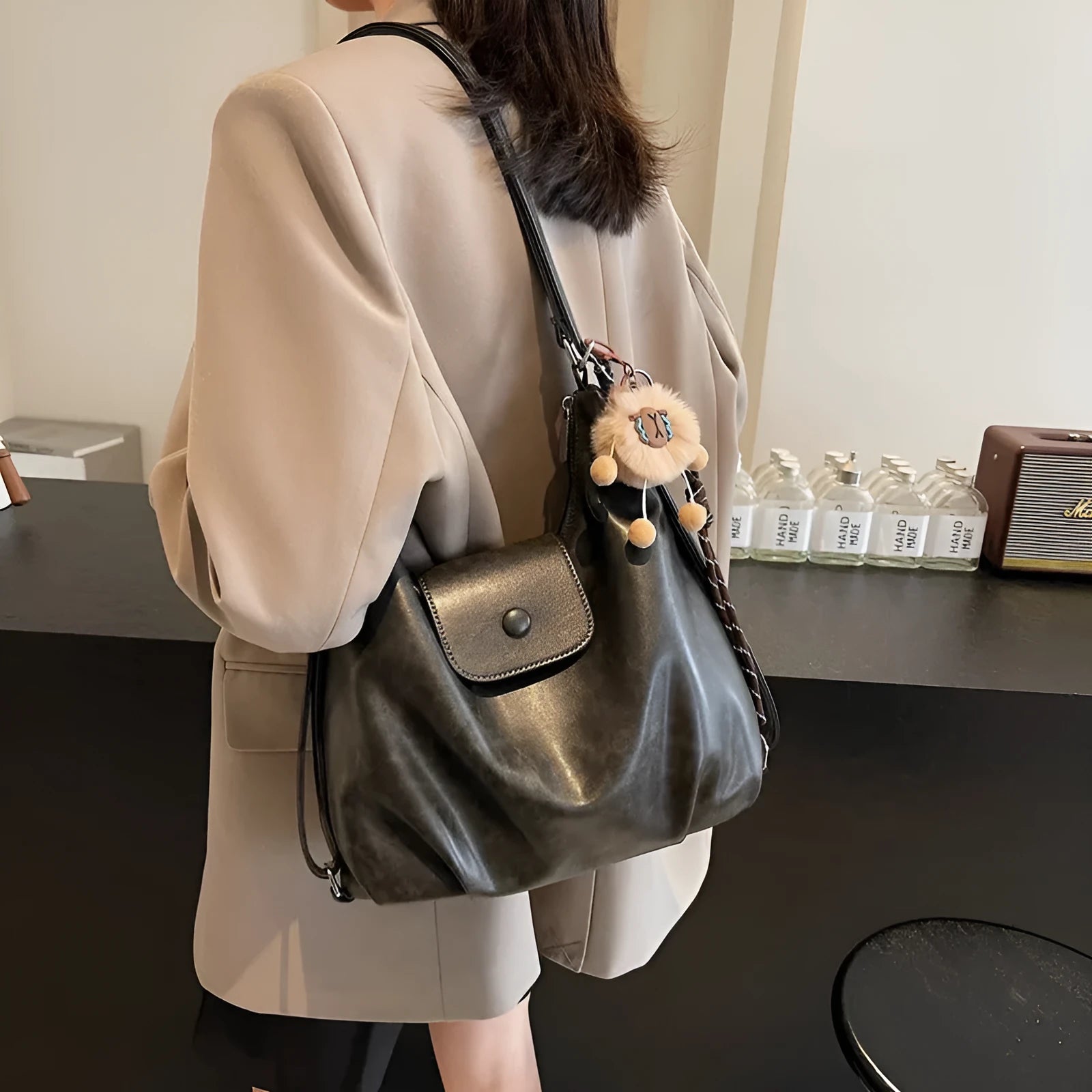 Textured PU leather women's shoulder backpack in horizontal square shape with single strap