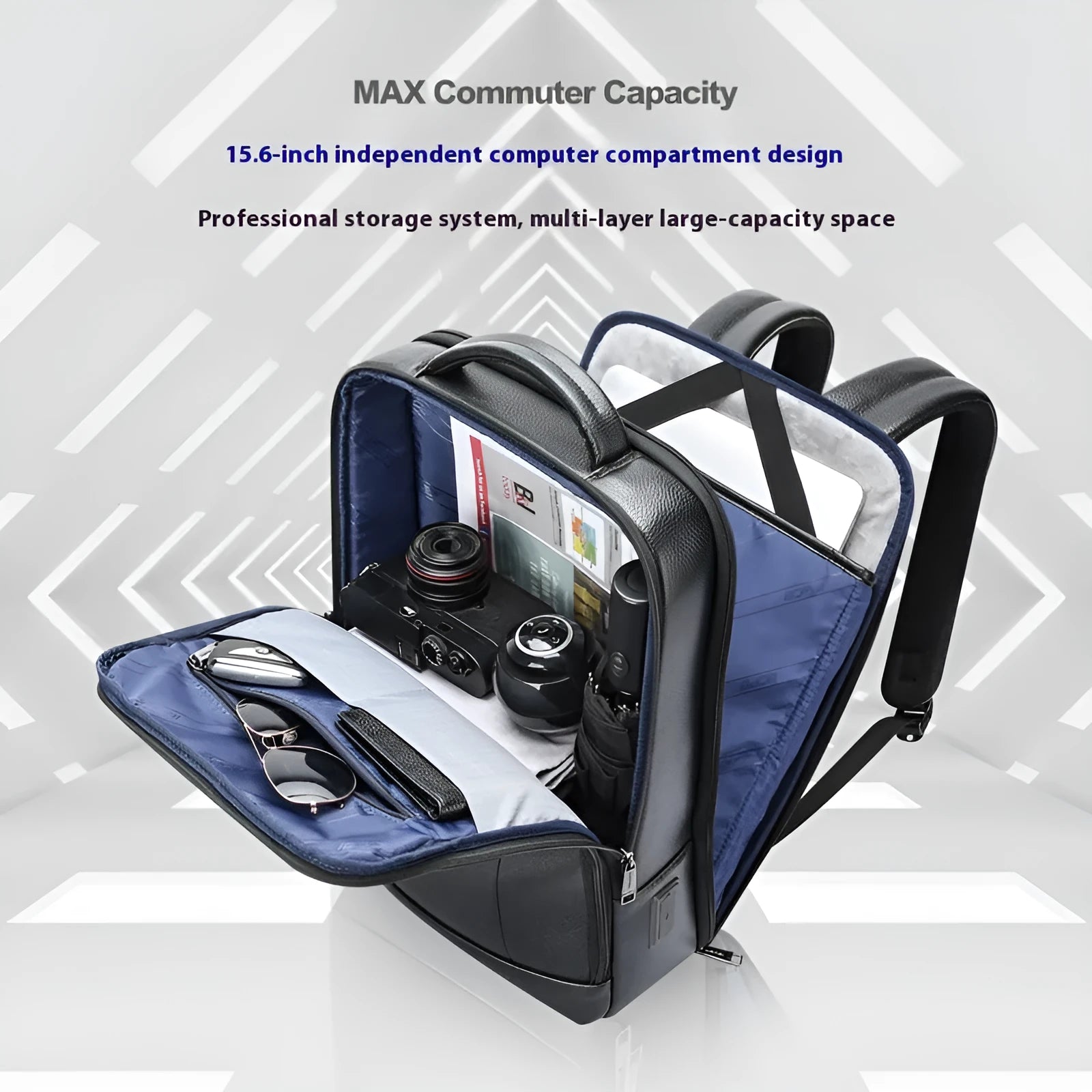 Black genuine leather business backpack with USB charging port and curved shoulder straps