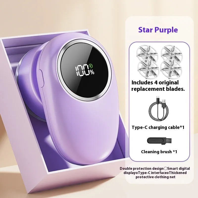 Digital fur ball trimmer with lint roller function in purple colour showing four cutter head configuration