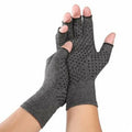 Grey half-finger joint compression gloves showing the palm and wrist coverage.