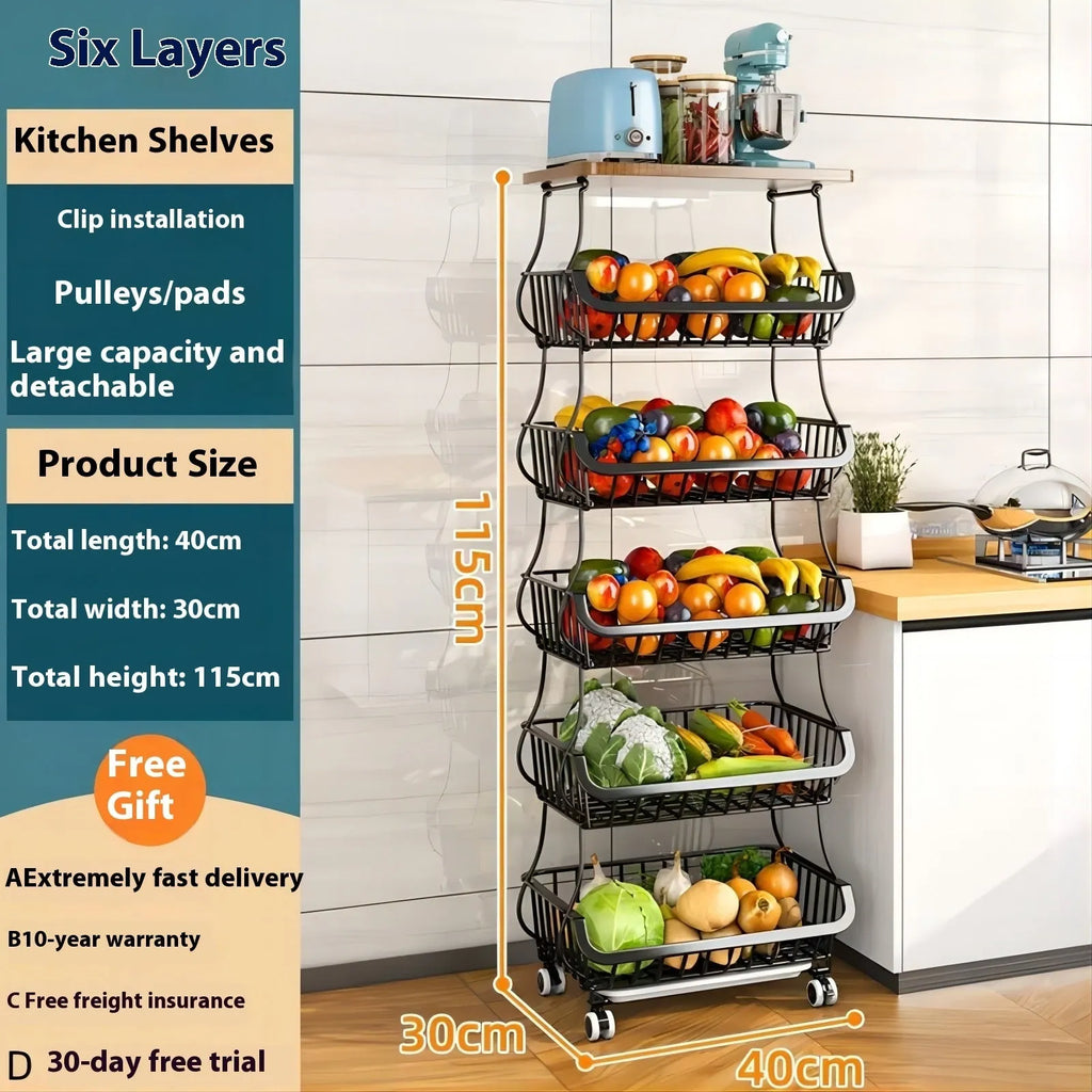 Black six-tier freestanding kitchen storage rack on floor