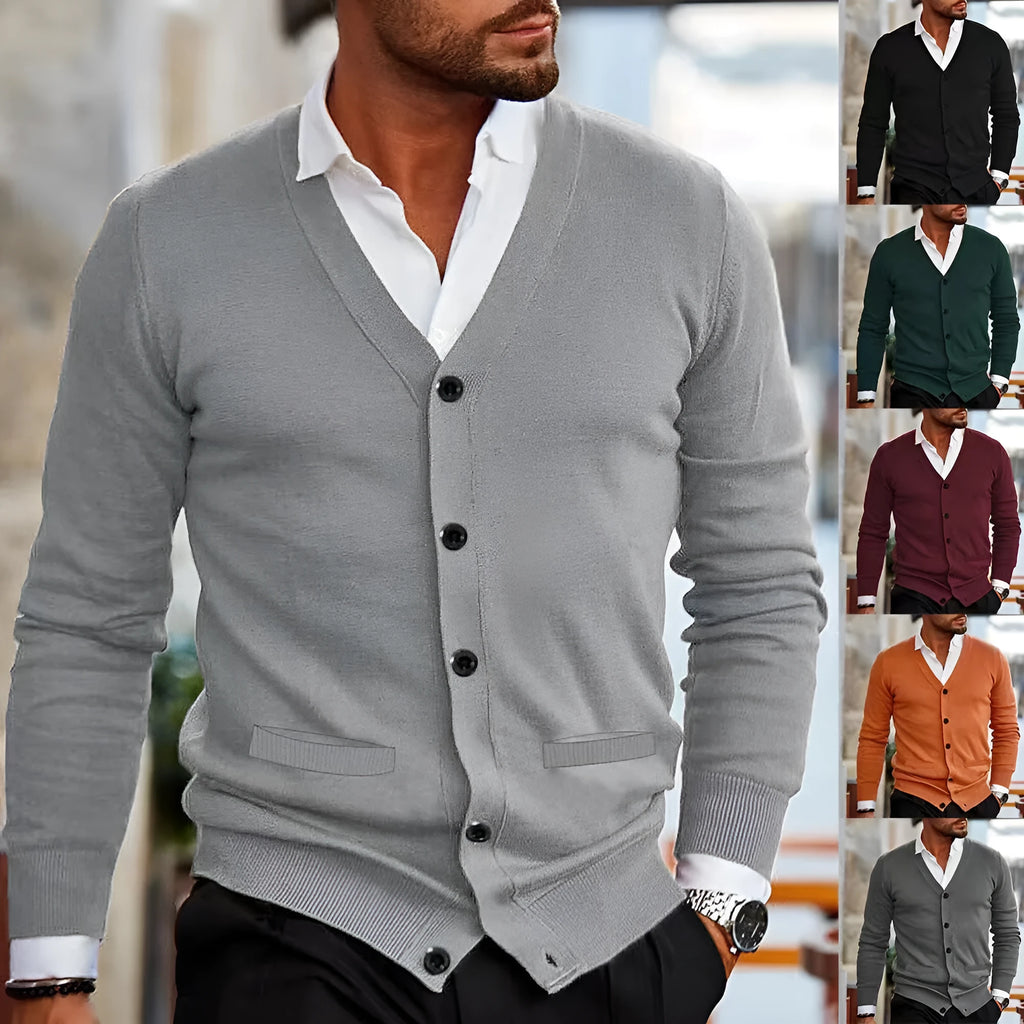 Men's slim fit acrylic cardigan sweater coat shown in creamy-white colour on a hanger.