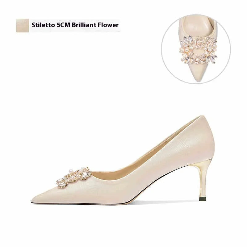 Women's crystal rhinestone pointed toe bridal heels in stiletto and cat heel styles