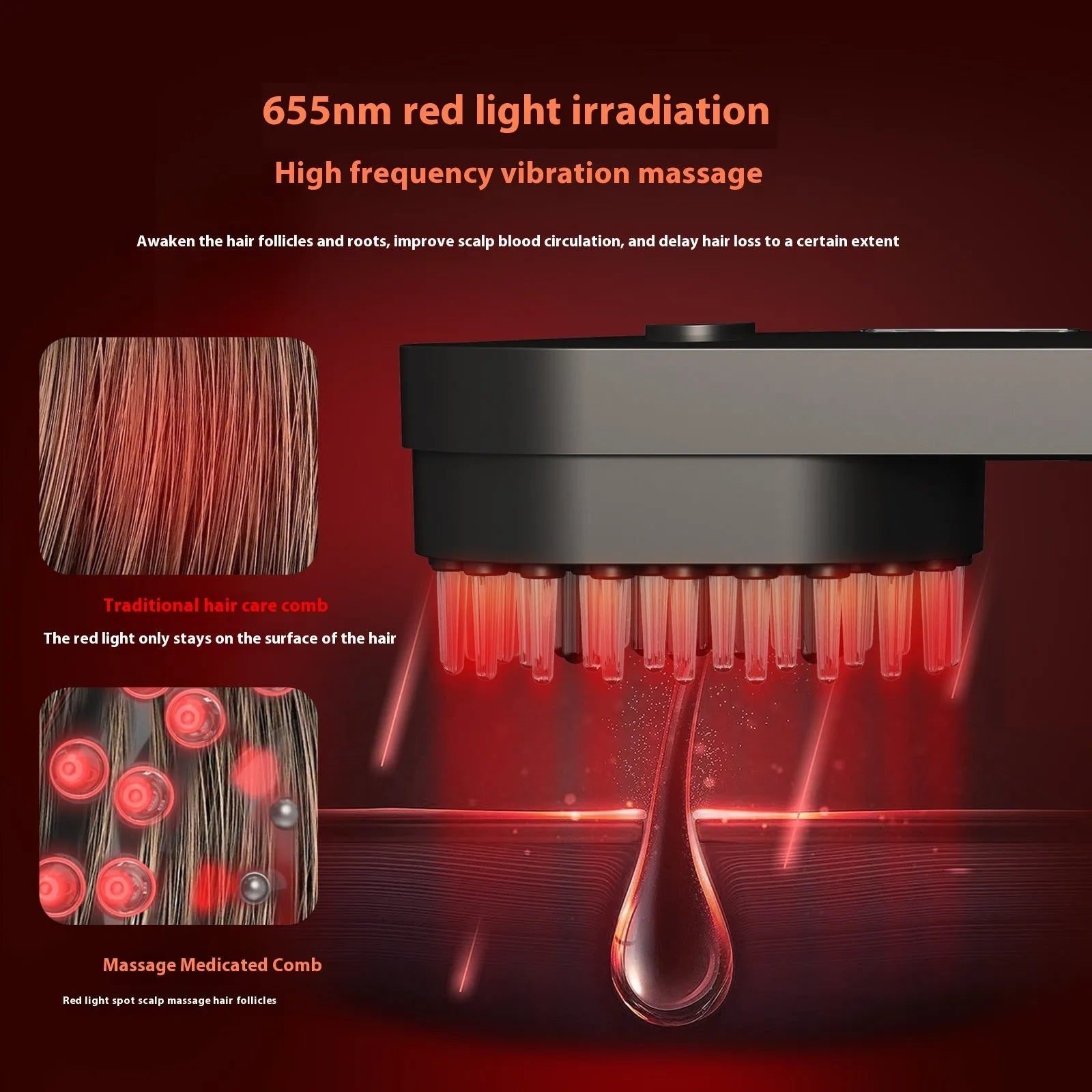 Smart red light massage comb in black or pink colour, compact handheld design