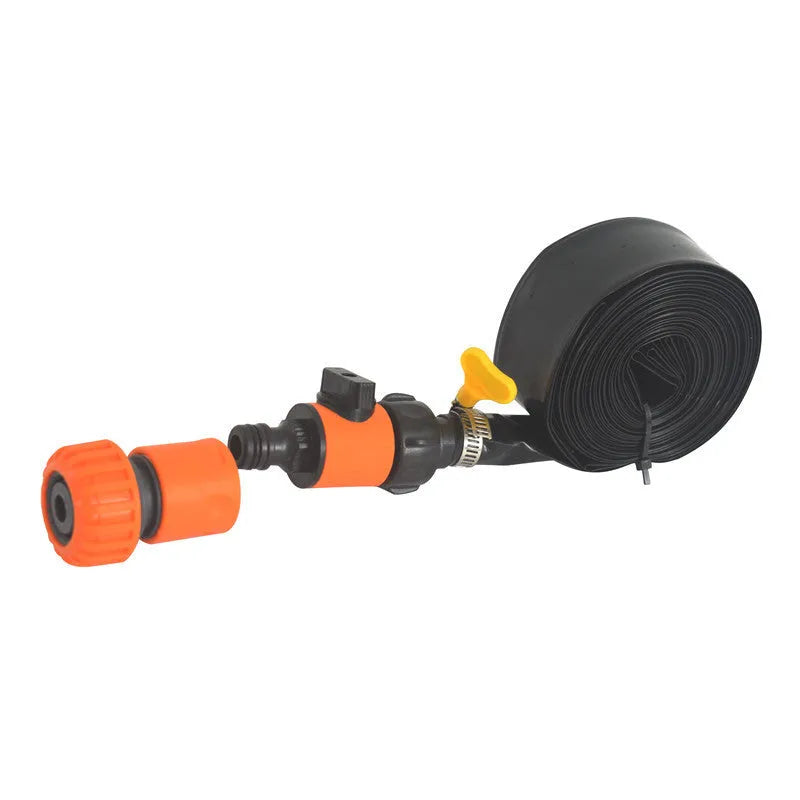 Blue and orange portable PVC garden sprinkler with solar water cooling system on a lawn.