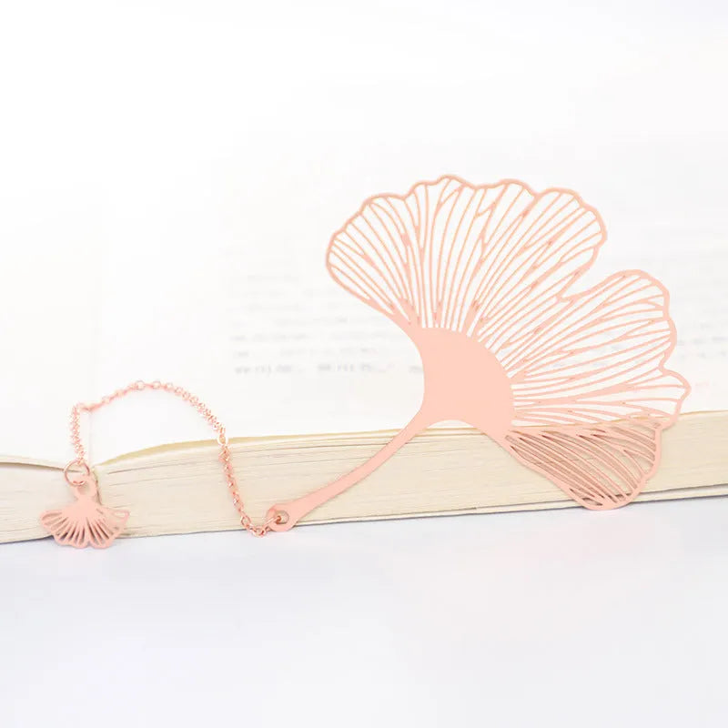 Brass metal bookmark with hollow plating decorative leaf pattern and rose gold tassel