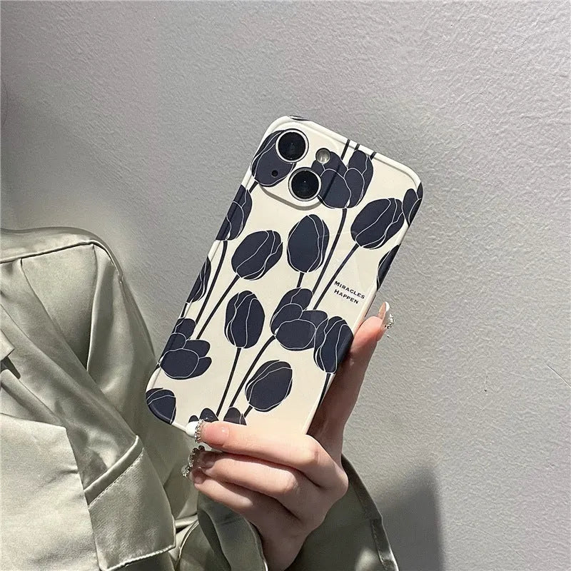 Black silicone iPhone case with tulip pattern design for multiple iPhone models