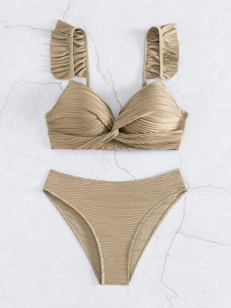 Solid colour women's polyester bikini set in black or khaki options