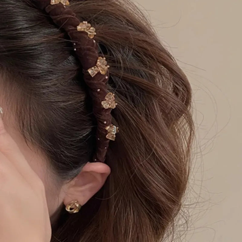 French velvet hairband with crystal decoration in wine red, black, and coffee colour options.