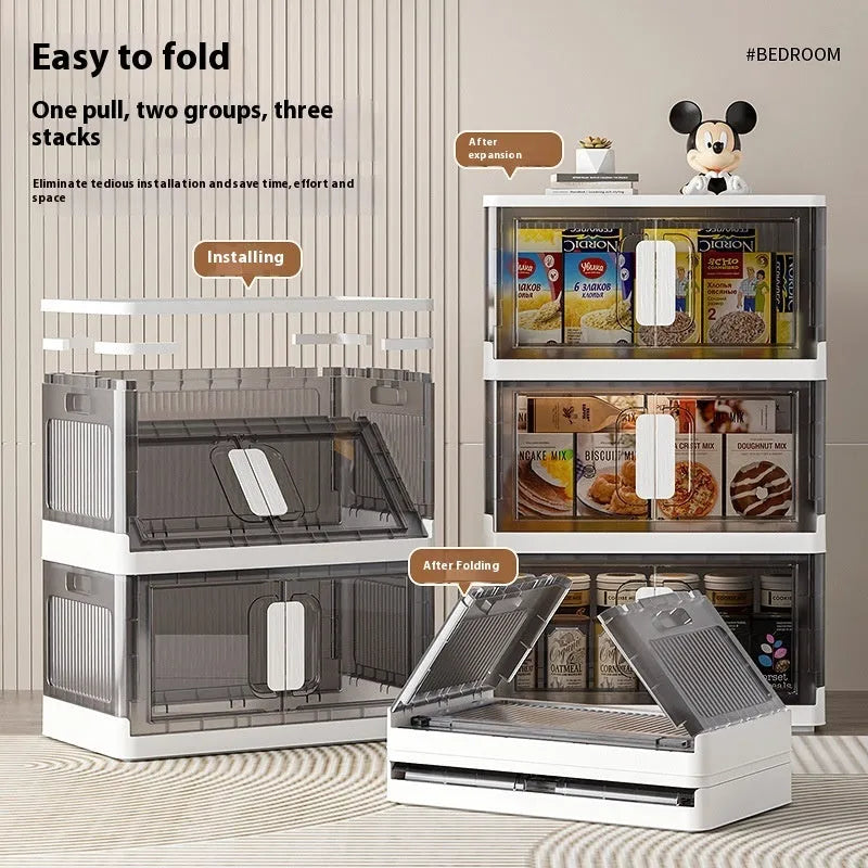 PP foldable storage locker with wheels in white finish showing multiple shelf layers and door configuration