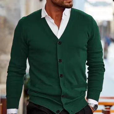 Men's slim fit acrylic cardigan sweater coat shown in creamy-white colour on a hanger.