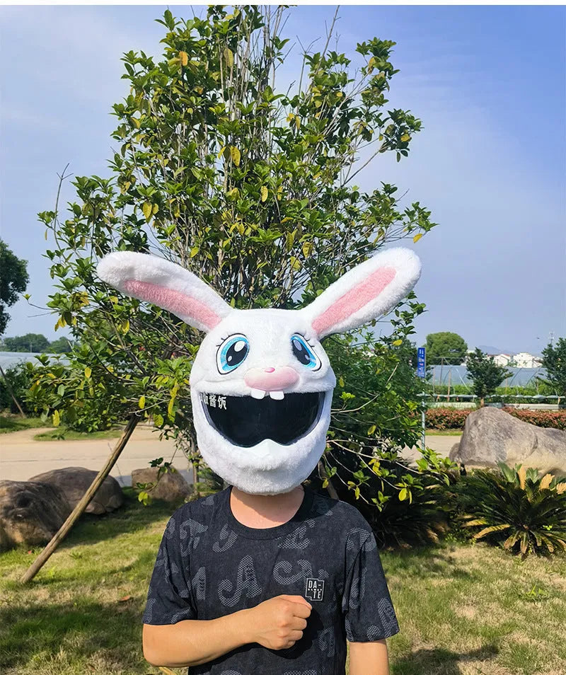 White rabbit helmet cover with long ears for electric motorcycle protection