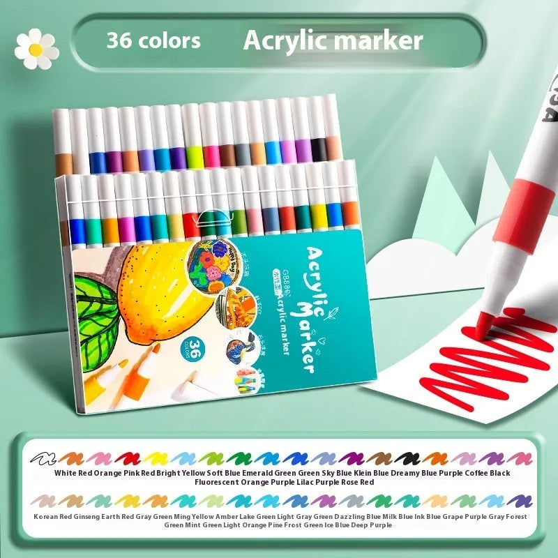 Boxed set of multicoloured True Color acrylic marker pens for students and artists.