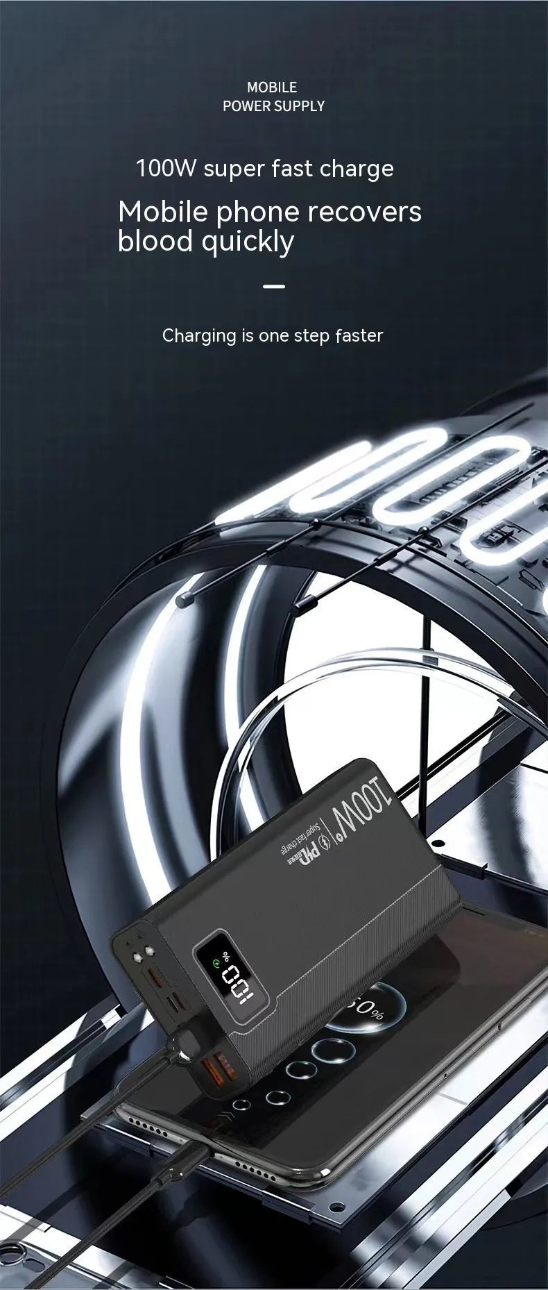 Large black or white power bank showing size comparison and capacity options 20000mAh to 50000mAh.
