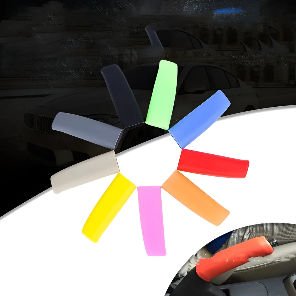 Universal silicone handbrake sleeve showing five colour options: beige, black, blue, grey, and red