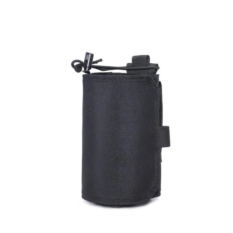 Adjustable outdoor sports bottle cover in Oxford cloth, shown in black, fitting a standard flask.