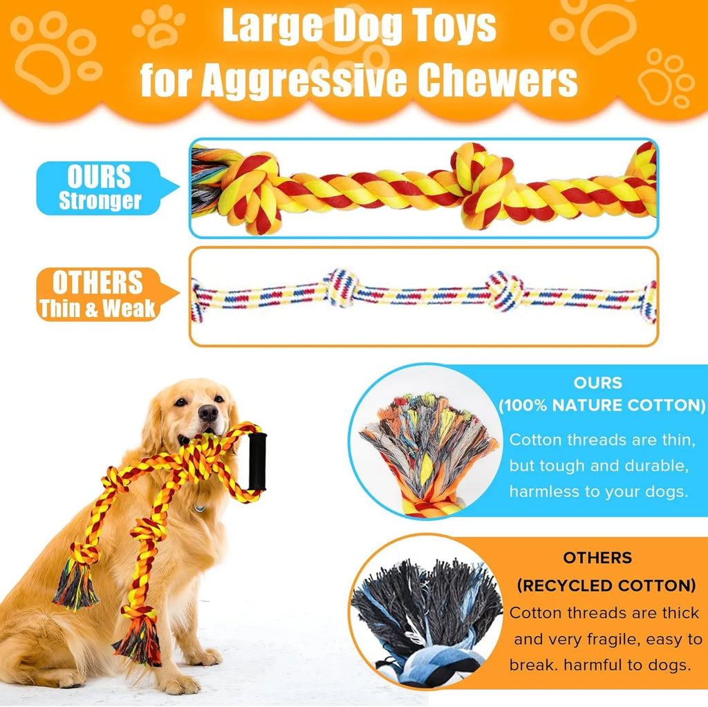 Blue and yellow durable cotton rope tug toy for large dogs with ergonomic handles