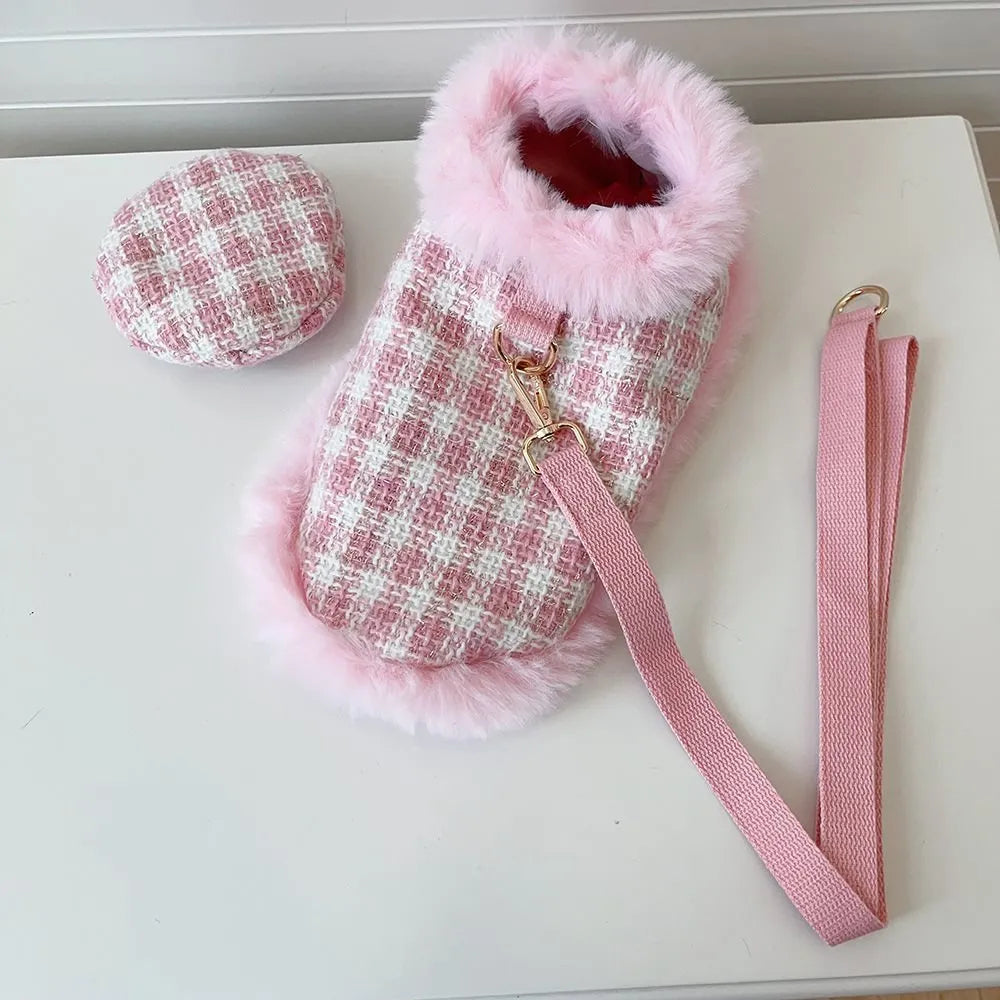 Pink cat costume with beret and cloak including hand-held control rope for pet dress-up