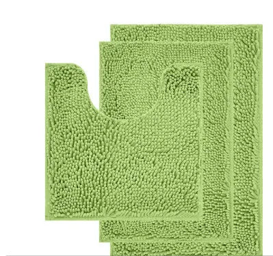 Chenille long hair three-piece bathroom carpet set with U-shaped toilet mat in green.